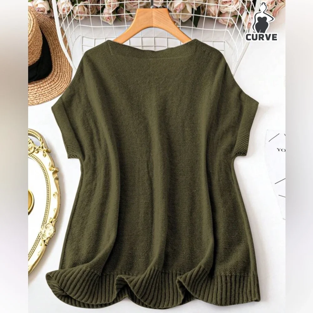 Emery Rose Curve Olive Green V-Neck Cable Knit Sweater - Picture 2 of 7